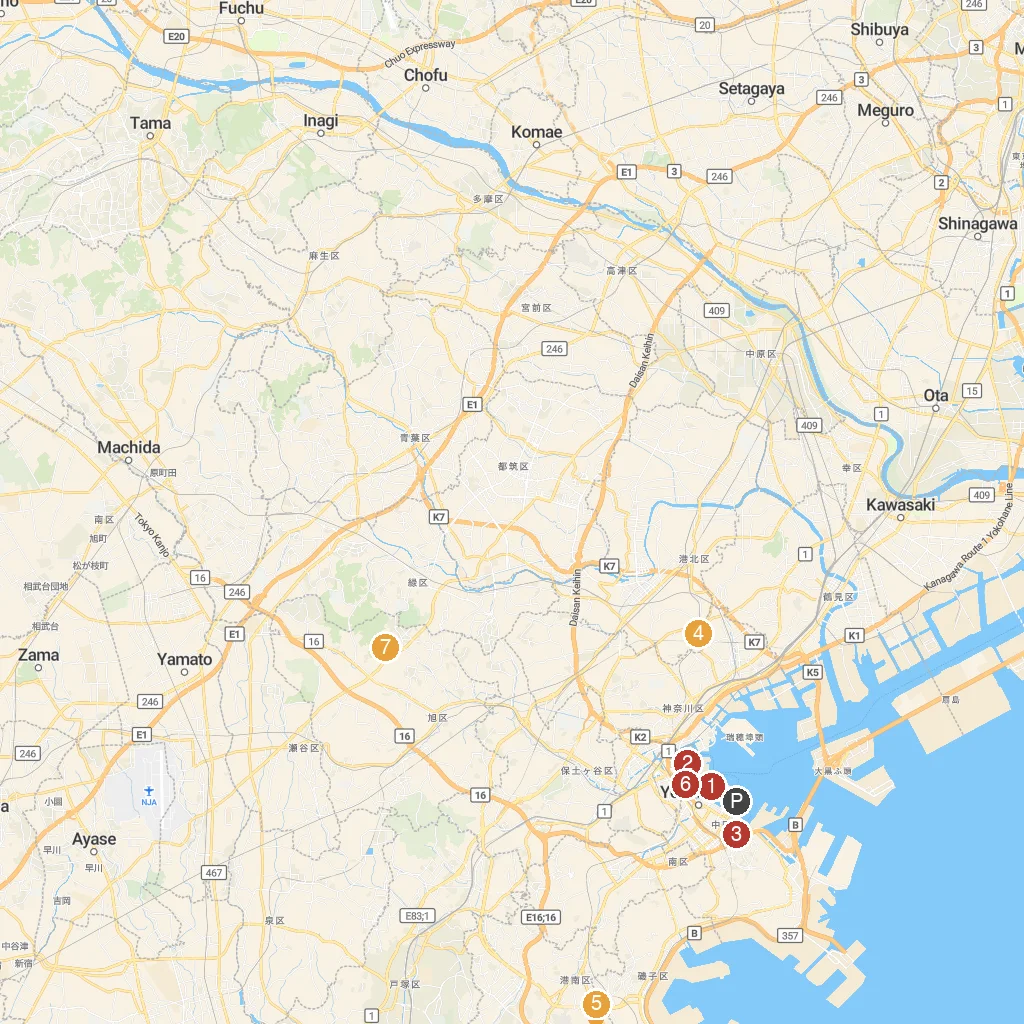 Yokohama, Kanagawa, Japan map with numbered points of interest