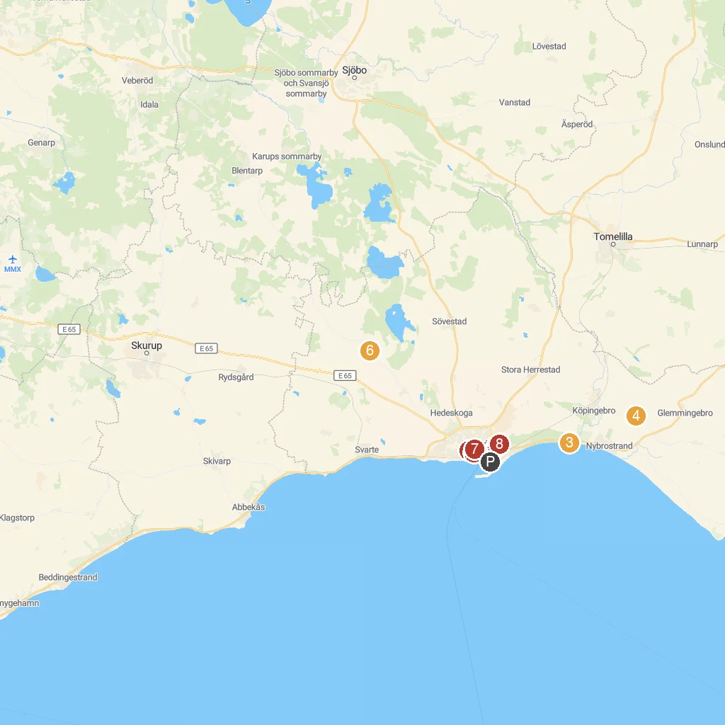 Ystad, Skåne, Sweden map with numbered points of interest