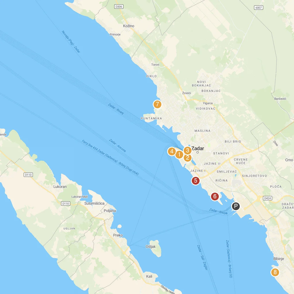 Zadar, Dalmatia, Croatia map with numbered points of interest
