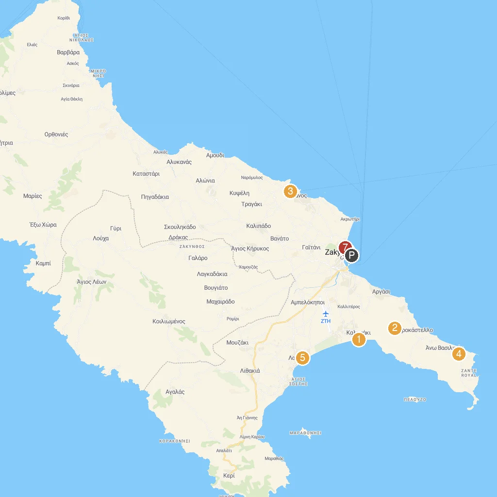 Zakynthos Island, Ionian Islands, Greece map with numbered points of interest