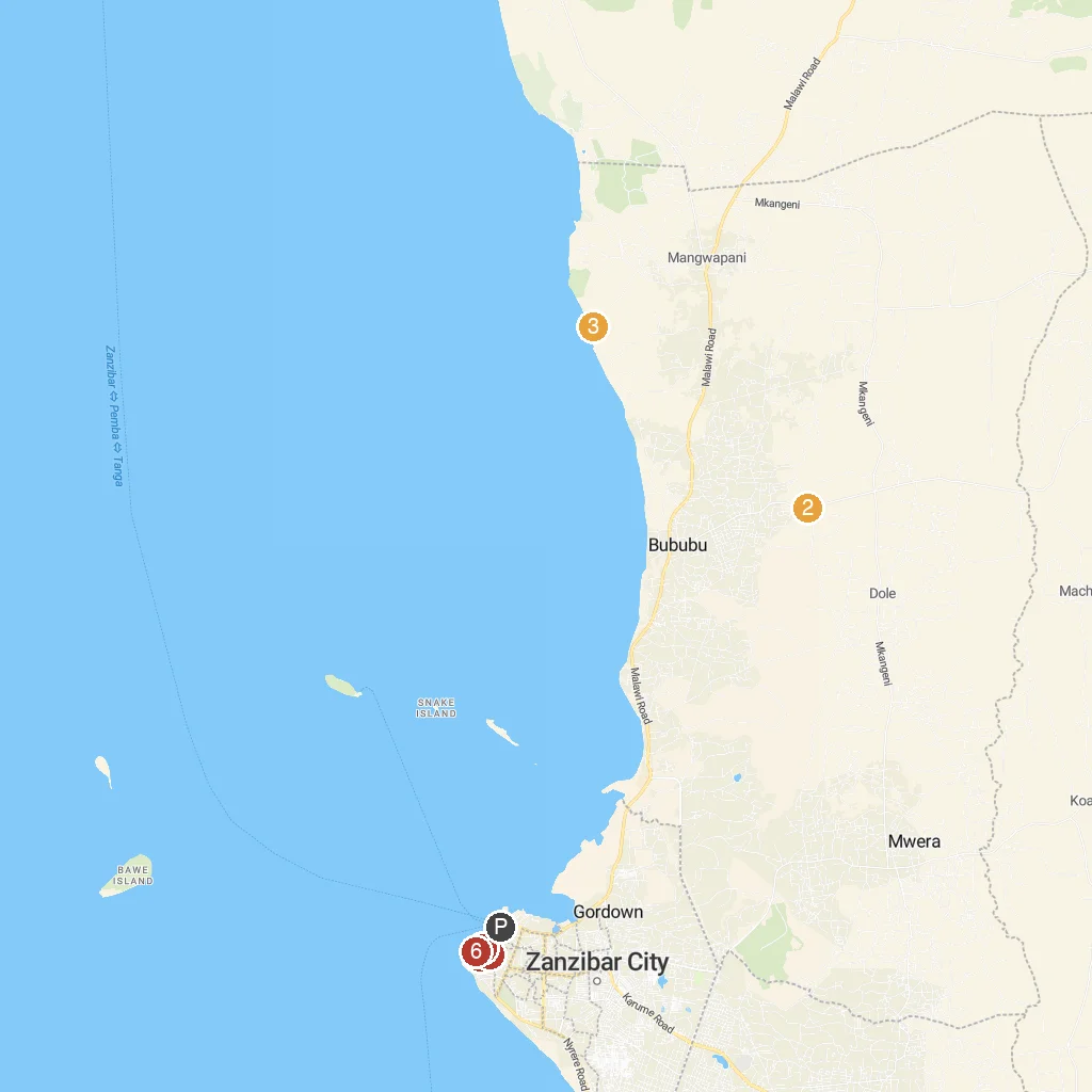 Zanzibar, Tanzania map with numbered points of interest